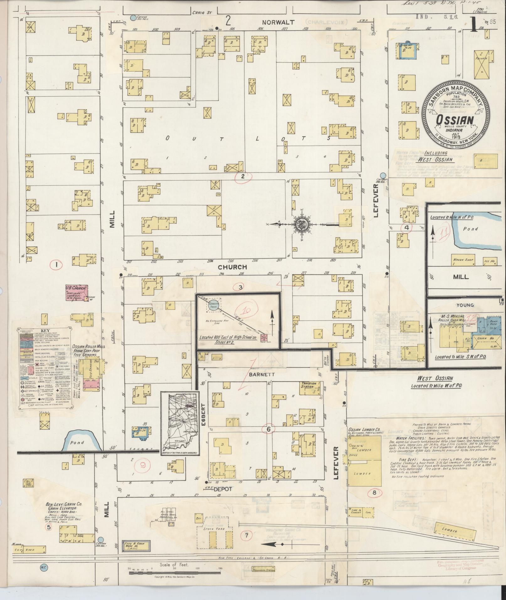 Sanborn Fire Insurance Map from Ossian, Wells County, Indiana (1933), Sheet #0001 - Historic Sanborn Fire Insurance Map Print, vintage old map wall art, antique decor, genealogy gift, Indiana Indiana map