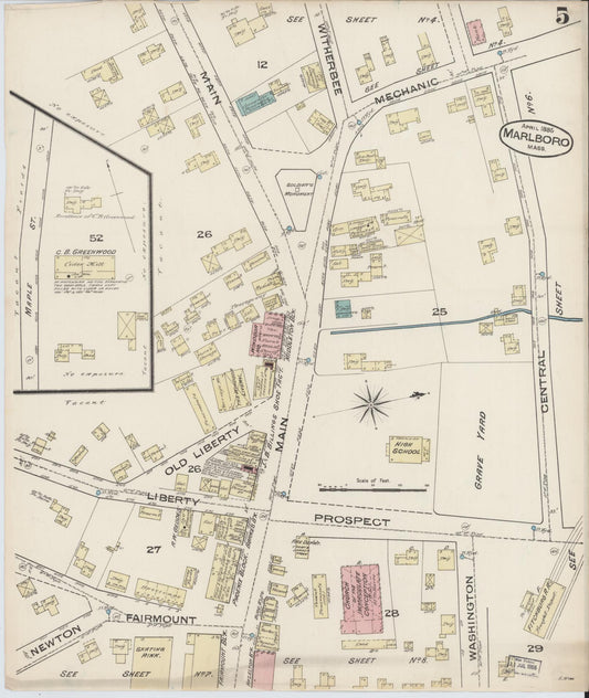 Sanborn Fire Insurance Map from Marlborough, Middlesex County, Massachusetts (1885), Sheet #0005 - Historic Sanborn Fire Insurance Map Print, vintage old map wall art, antique decor, genealogy gift, Massachusetts Massachusetts map