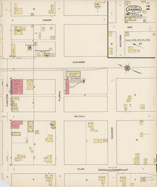 Sanborn Fire Insurance Map from Jennings, Hamilton County, Florida (1922), Sheet #0002 - Historic Sanborn Fire Insurance Map Print, vintage old map wall art, antique decor, genealogy gift, Florida Florida map