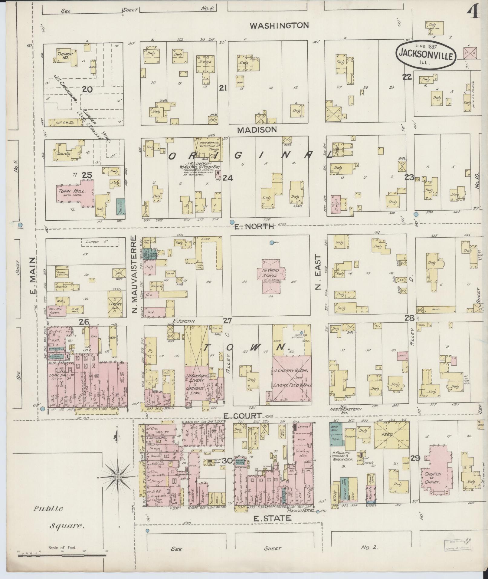 Sanborn Fire Insurance Map from Jacksonville, Morgan County, Illinois (1887), Sheet #0004 - Historic Sanborn Fire Insurance Map Print, vintage old map wall art, antique decor, genealogy gift, Illinois Illinois map