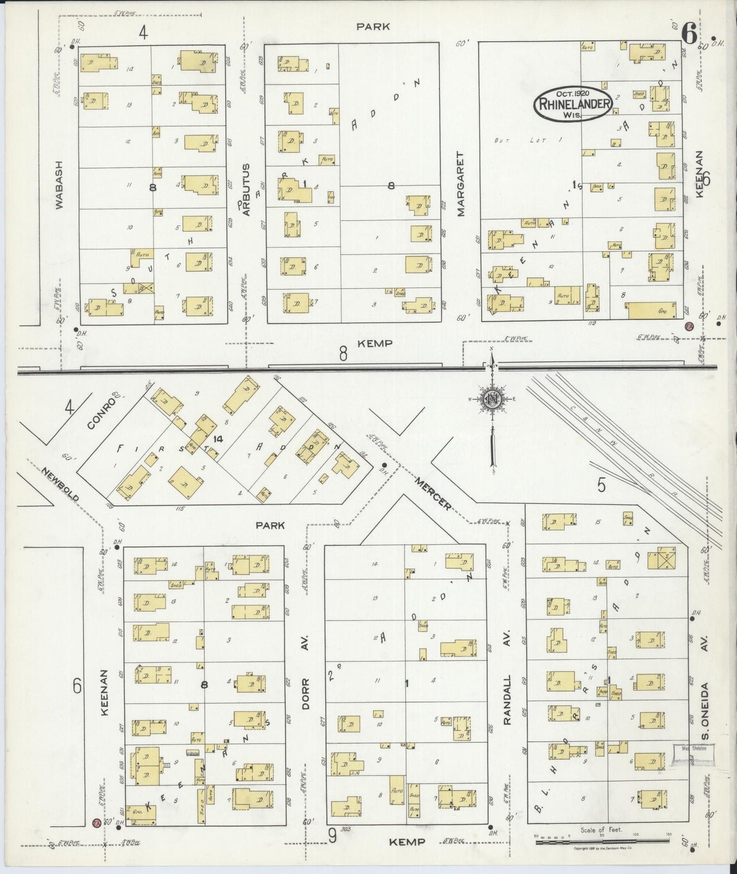 Sanborn Fire Insurance Map from Rhinelander, Oneida County, Wisconsin (1920), Sheet #0006 - Historic Sanborn Fire Insurance Map Print, vintage old map wall art, antique decor, genealogy gift, Wisconsin Wisconsin map