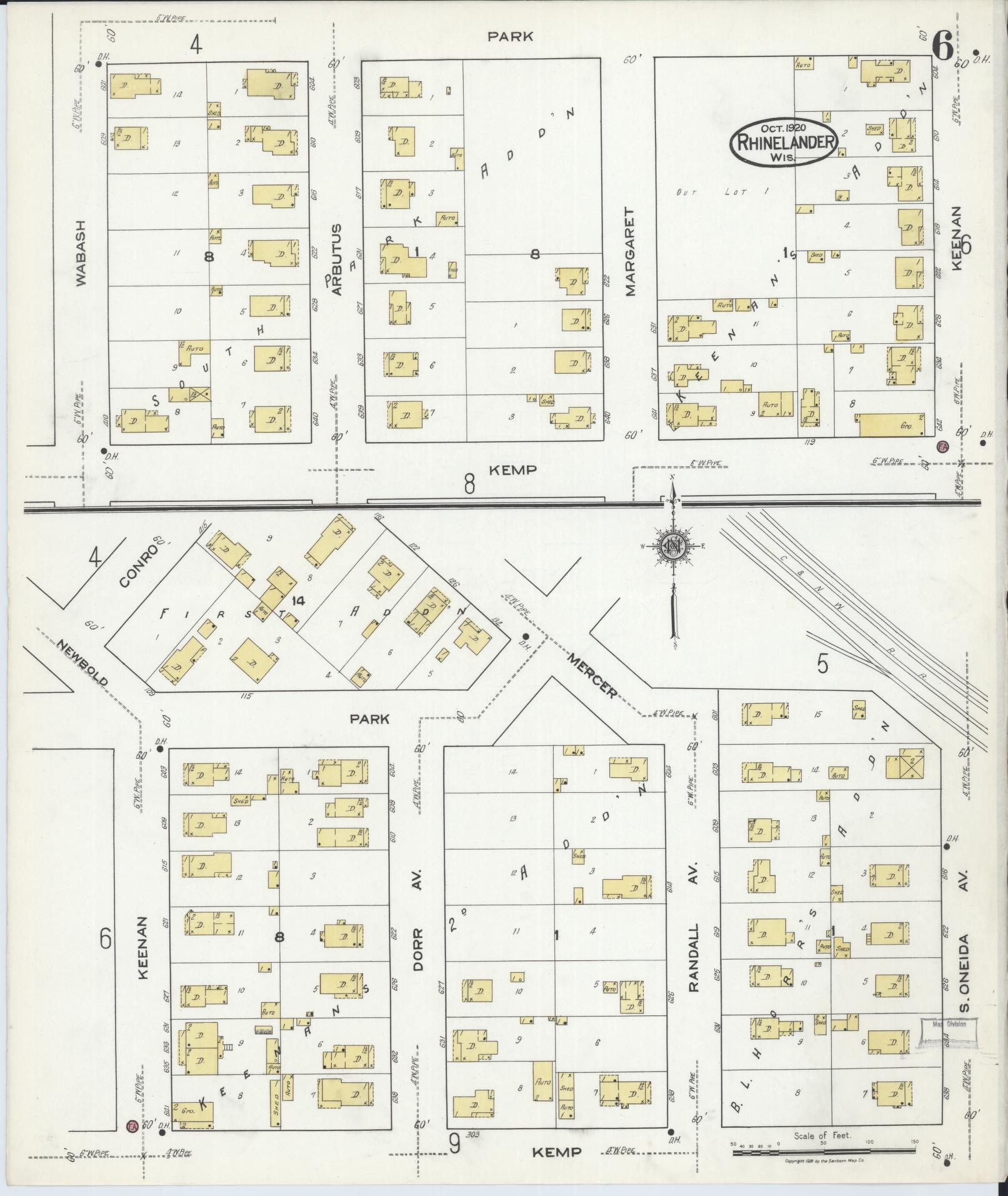Sanborn Fire Insurance Map from Rhinelander, Oneida County, Wisconsin (1920), Sheet #0006 - Historic Sanborn Fire Insurance Map Print, vintage old map wall art, antique decor, genealogy gift, Wisconsin Wisconsin map