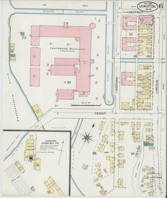 Sanborn Fire Insurance Map from Lewiston, Androscoggin County, Maine (1886), Sheet #0006 - Historic Sanborn Fire Insurance Map Print, vintage old map wall art, antique decor, genealogy gift, Maine Maine map