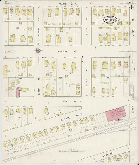 Sanborn Fire Insurance Map from Mattoon, Coles County, Illinois (1915), Sheet #0004 - Historic Sanborn Fire Insurance Map Print, vintage old map wall art, antique decor, genealogy gift, Illinois Illinois map