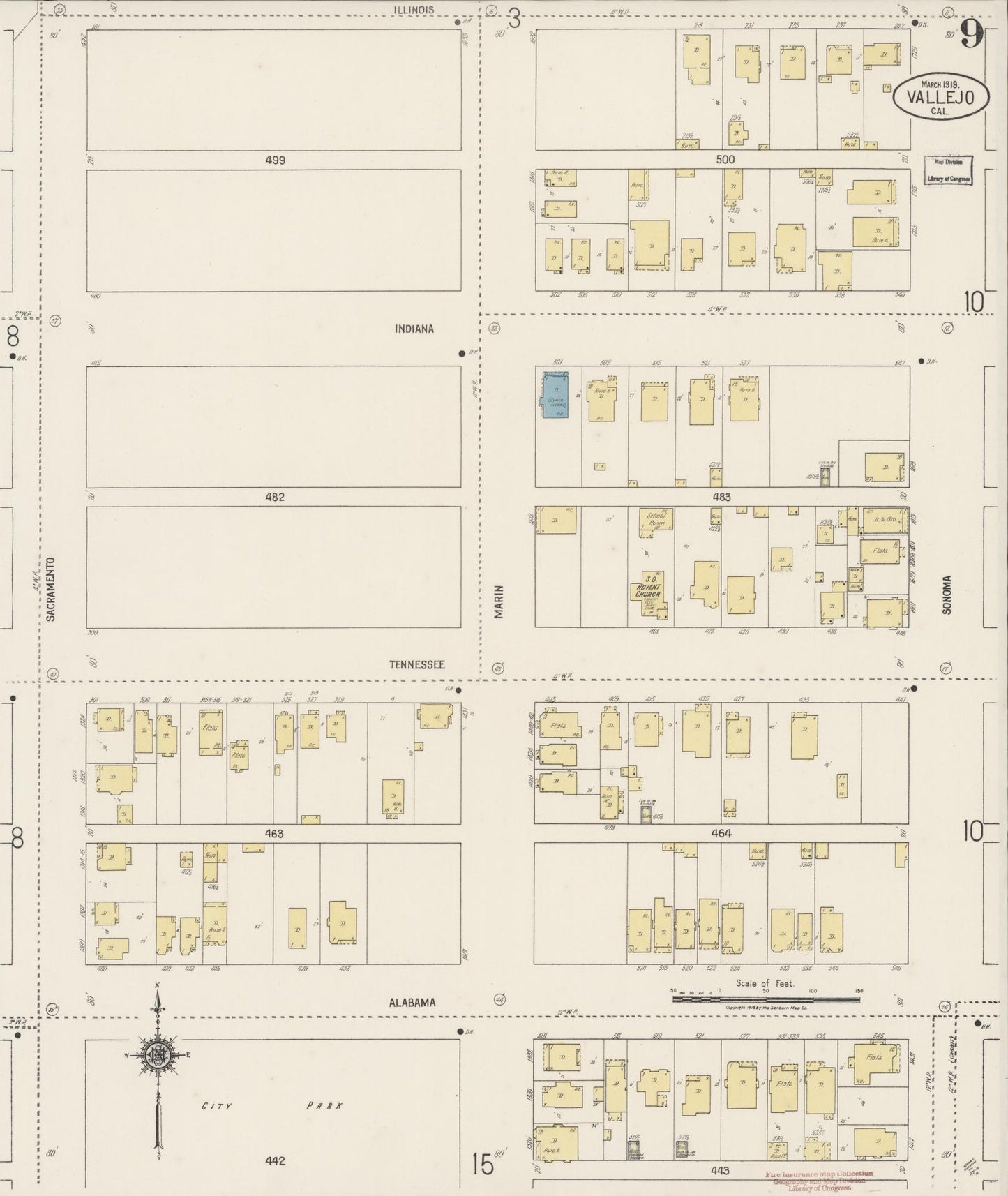 Sanborn Fire Insurance Map from Vallejo, Solano County, California (1919), Sheet #0009 - Complete Map Set gallery image, historic Sanborn map, vintage wall art, California California