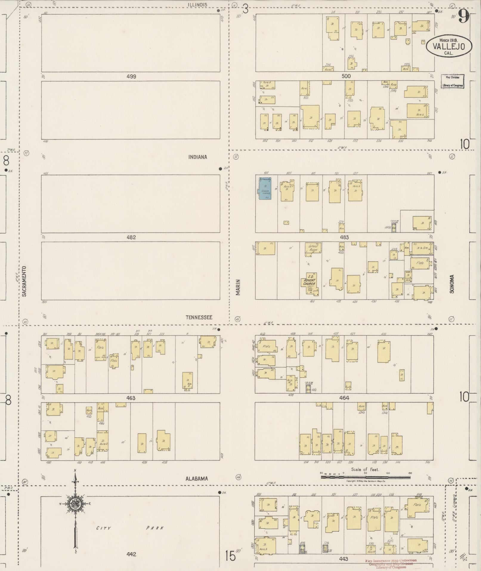 Sanborn Fire Insurance Map from Vallejo, Solano County, California (1919), Sheet #0009 - Complete Map Set gallery image, historic Sanborn map, vintage wall art, California California