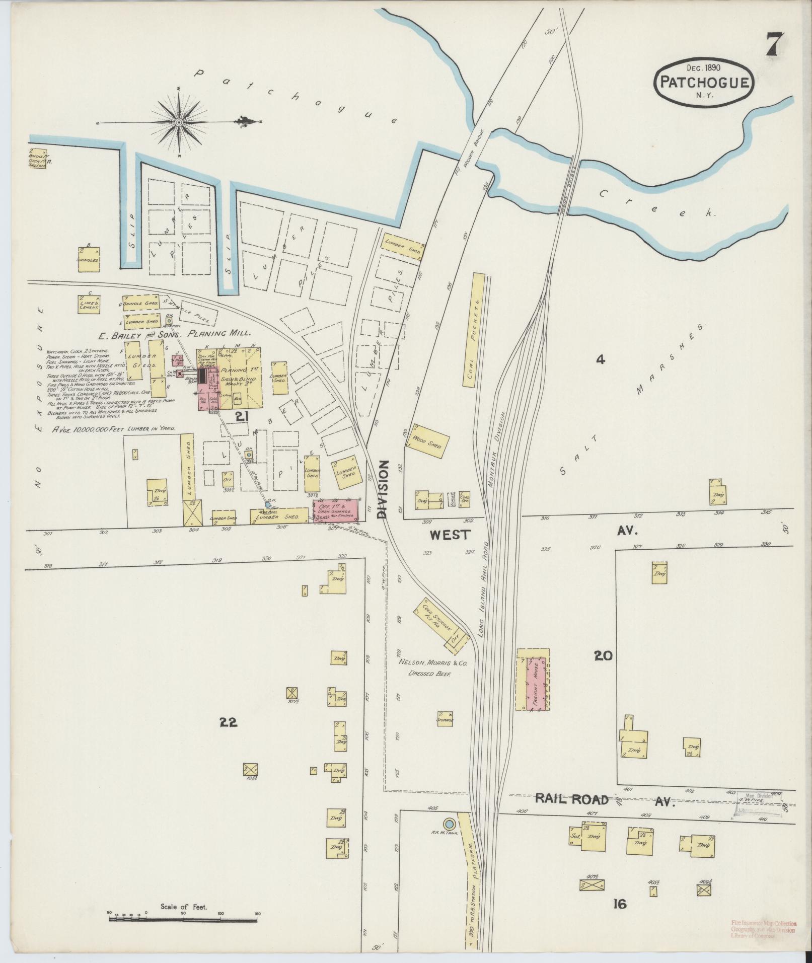 Sanborn Fire Insurance Map from Patchogue, Suffolk County, New York (1891), Sheet #0007 - Historic Sanborn Fire Insurance Map Print, vintage old map wall art, antique decor, genealogy gift, New York New York map