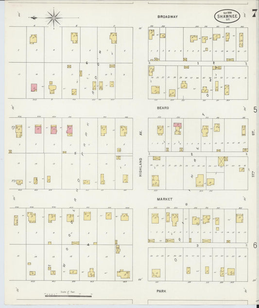 Sanborn Fire Insurance Map from Shawnee, Pottawatomie County, Oklahoma (1898), Sheet #0007 - Historic Sanborn Fire Insurance Map Print, vintage old map wall art, antique decor, genealogy gift, Oklahoma Oklahoma map