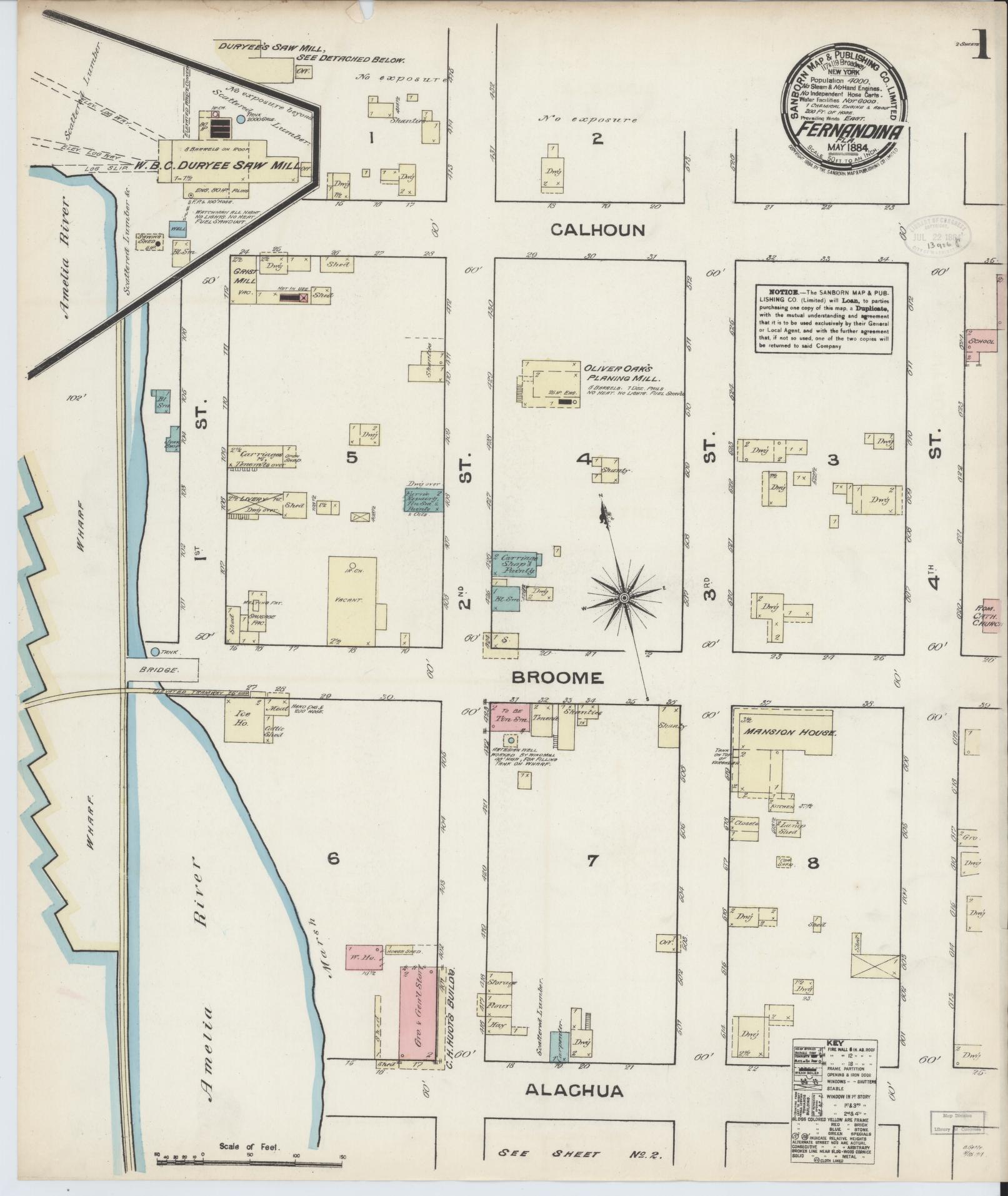 Sanborn Fire Insurance Map from Fernandina, Nassau County, Florida (1884), Sheet #0001 - Historic Sanborn Fire Insurance Map Print, vintage old map wall art, antique decor, genealogy gift, Florida Florida map