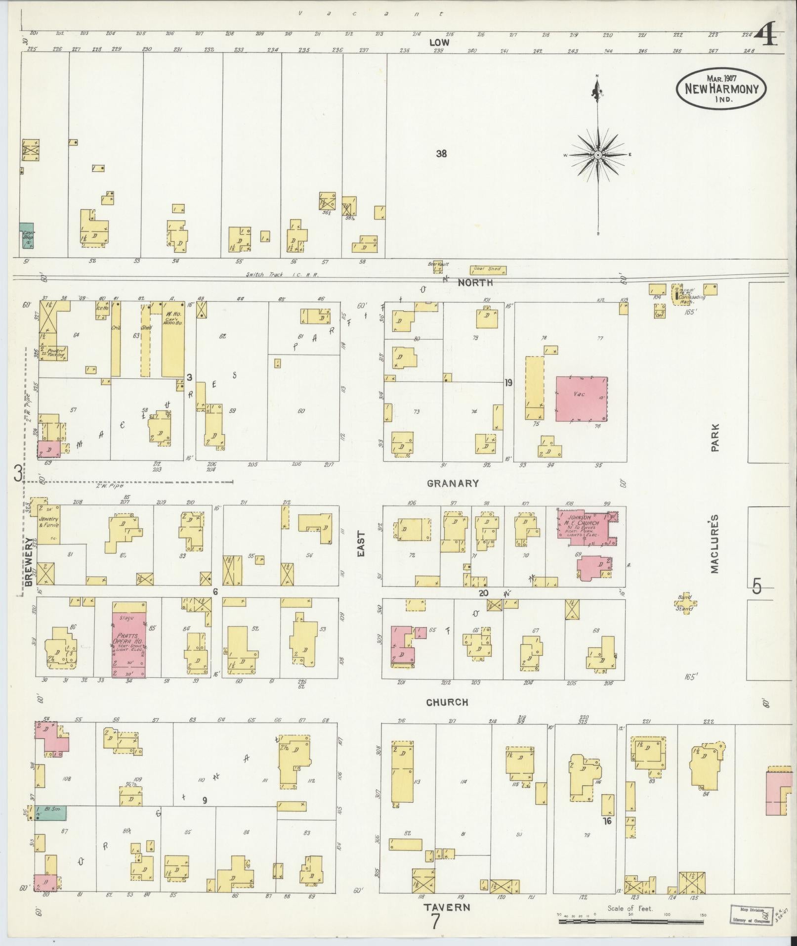 Sanborn Fire Insurance Map from New Harmony, Posey County, Indiana (1907), Sheet #0004 - Historic Sanborn Fire Insurance Map Print, vintage old map wall art, antique decor, genealogy gift, Indiana Indiana map
