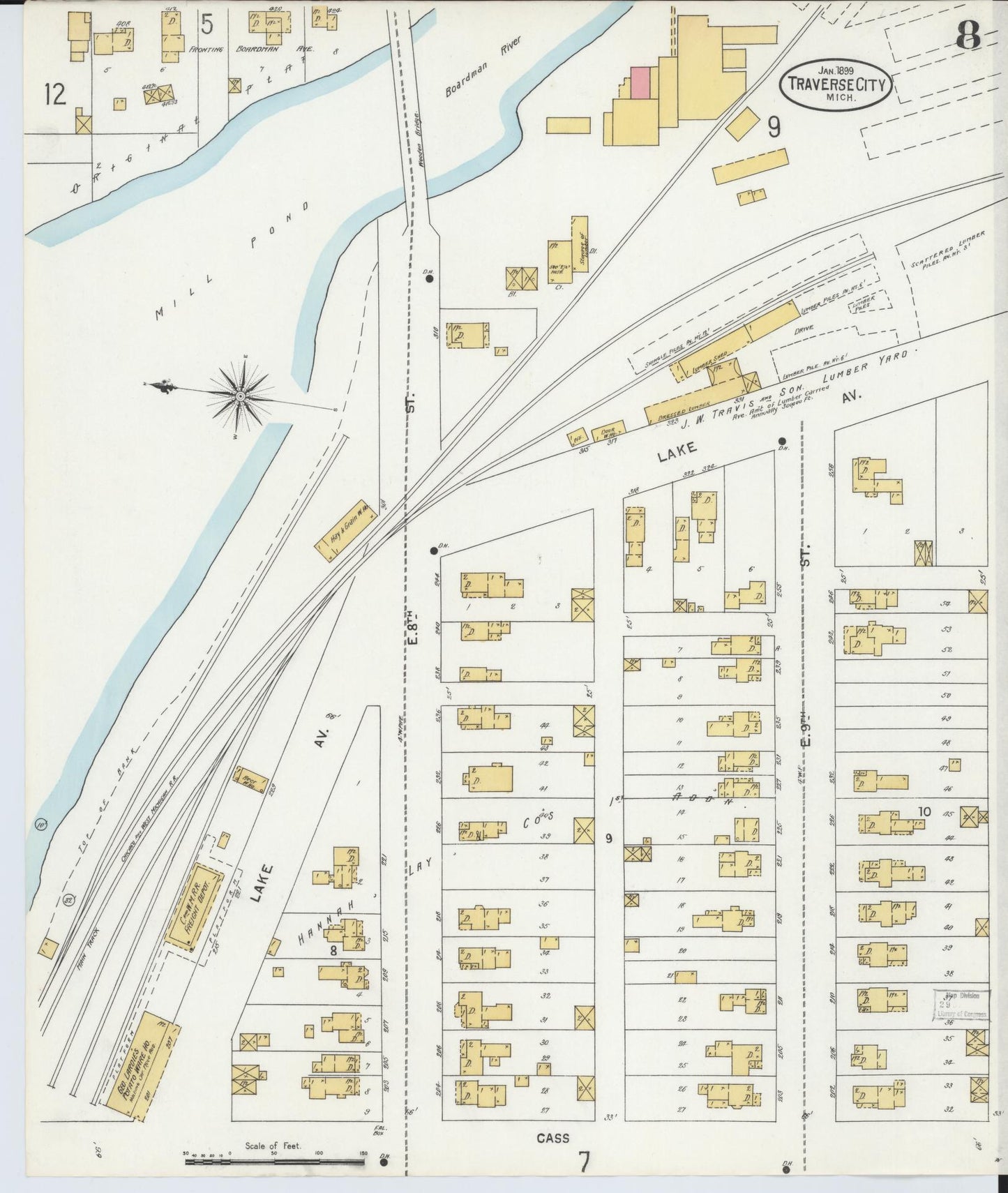 Sanborn Fire Insurance Map from Traverse City, Grand Traverse County, Michigan (1899), Sheet #0008 - Historic Sanborn Fire Insurance Map Print, vintage old map wall art, antique decor, genealogy gift, Michigan Michigan map