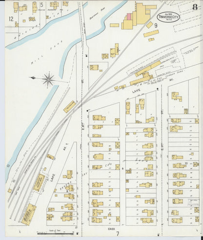 Sanborn Fire Insurance Map from Traverse City, Grand Traverse County, Michigan (1899), Sheet #0008 - Historic Sanborn Fire Insurance Map Print, vintage old map wall art, antique decor, genealogy gift, Michigan Michigan map