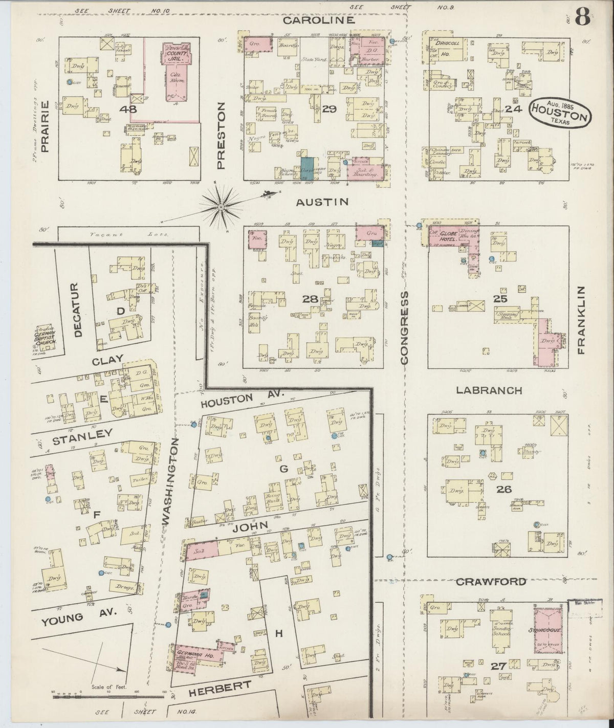 Sanborn Fire Insurance Map from Houston, Harris County, Texas (1885), Sheet #0008 - Historic Sanborn Fire Insurance Map Print, vintage old map wall art, antique decor, genealogy gift, Texas Texas map