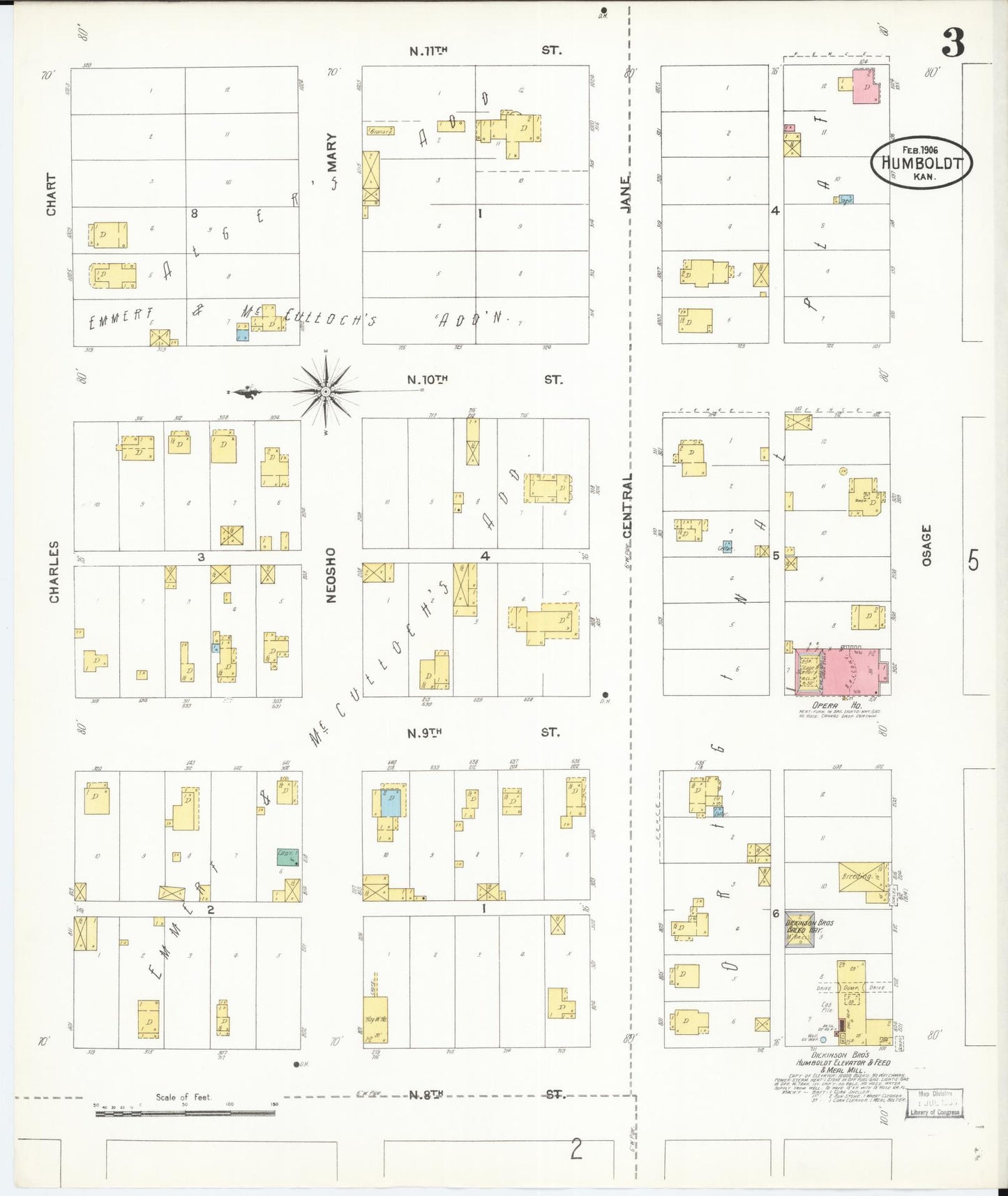Sanborn Fire Insurance Map from Humboldt, Allen County, Kansas (1906), Sheet #0003 - Historic Sanborn Fire Insurance Map Print, vintage old map wall art, antique decor, genealogy gift, Kansas Kansas map