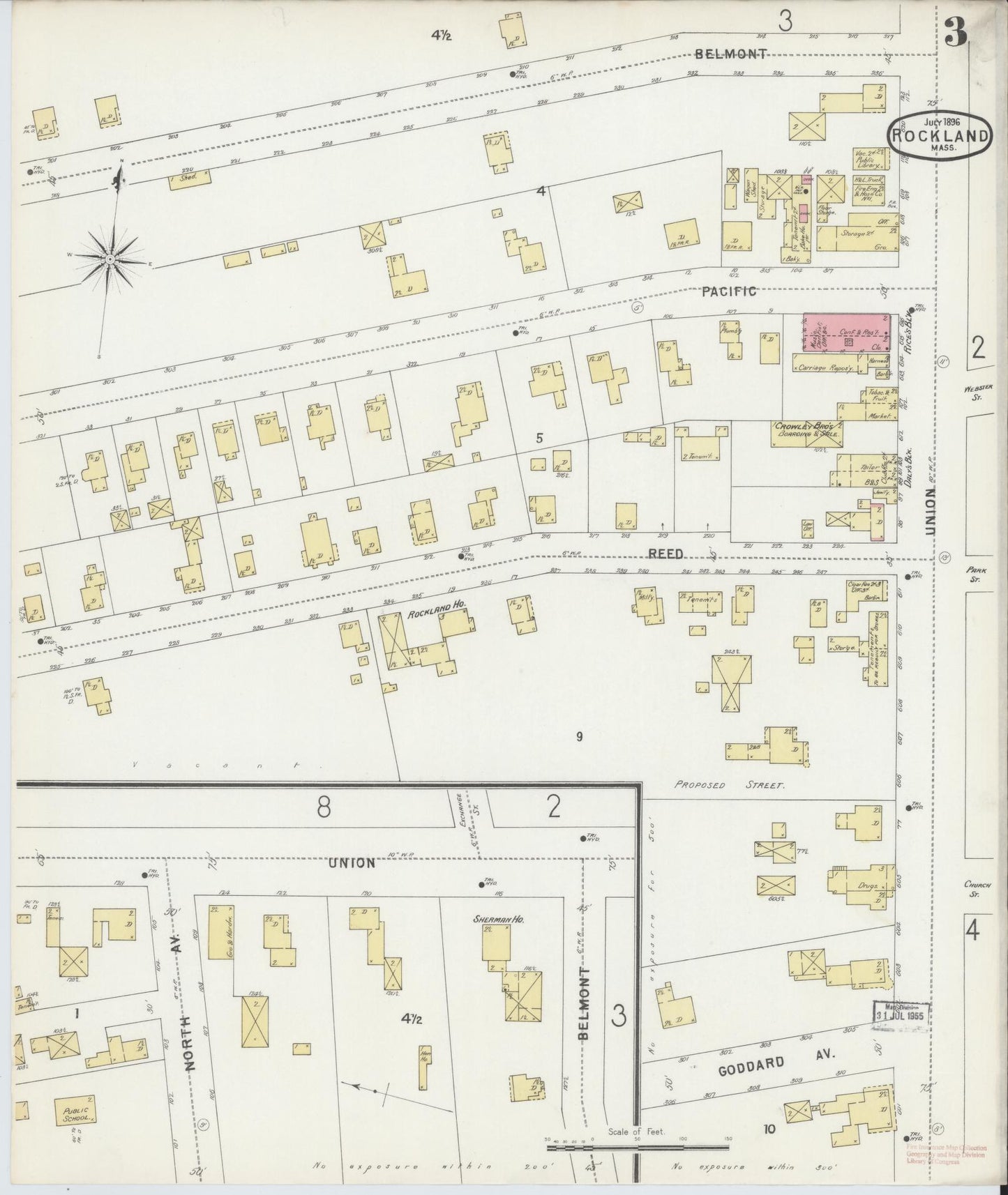Sanborn Fire Insurance Map from Rockland, Plymouth County, Massachusetts (1896), Sheet #0003 - Complete Map Set gallery image, historic Sanborn map, vintage wall art, Massachusetts Massachusetts