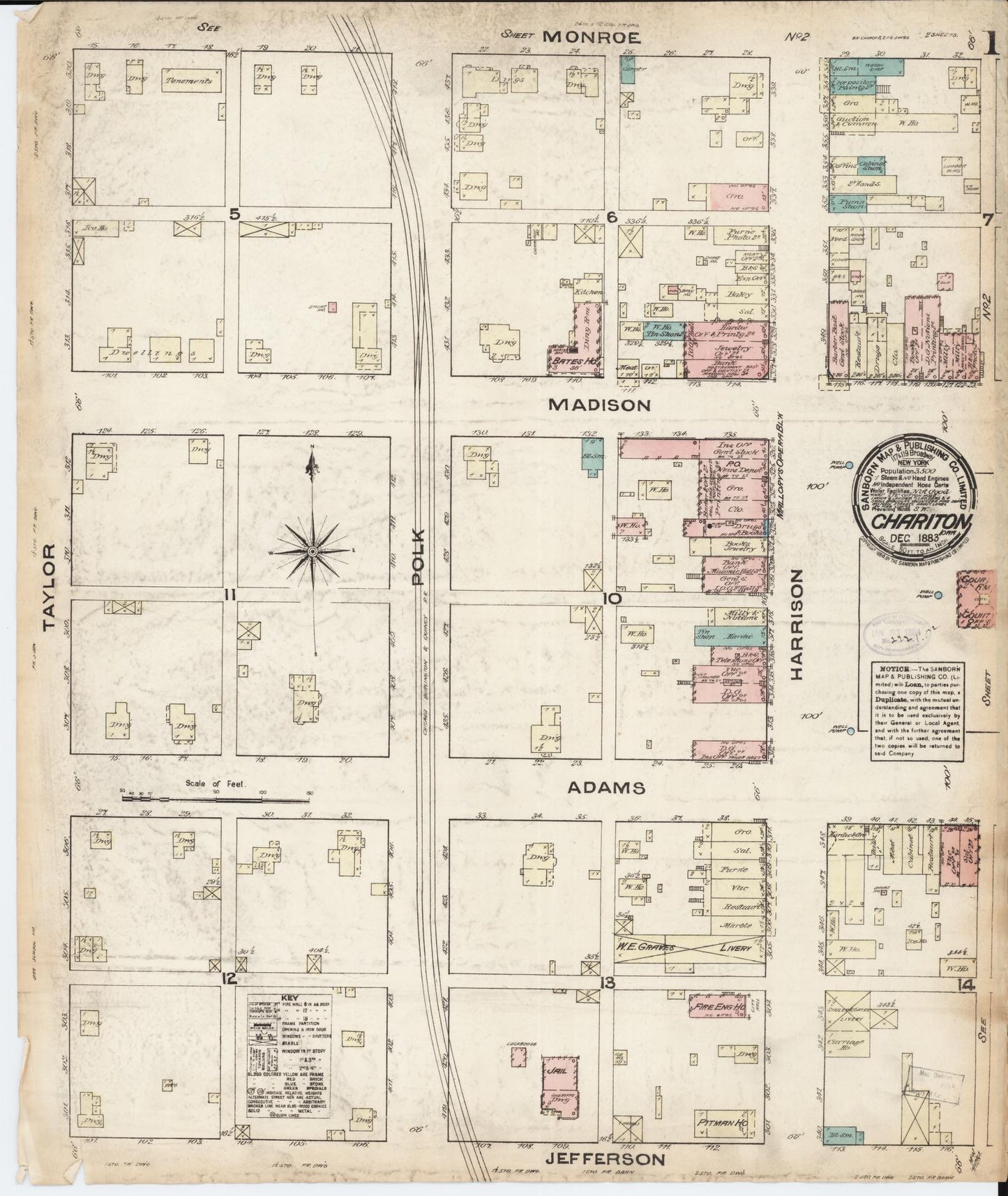 Sanborn Fire Insurance Map from Chariton, Lucas County, Iowa (1883), Sheet #0001 - Historic Sanborn Fire Insurance Map Print, vintage old map wall art