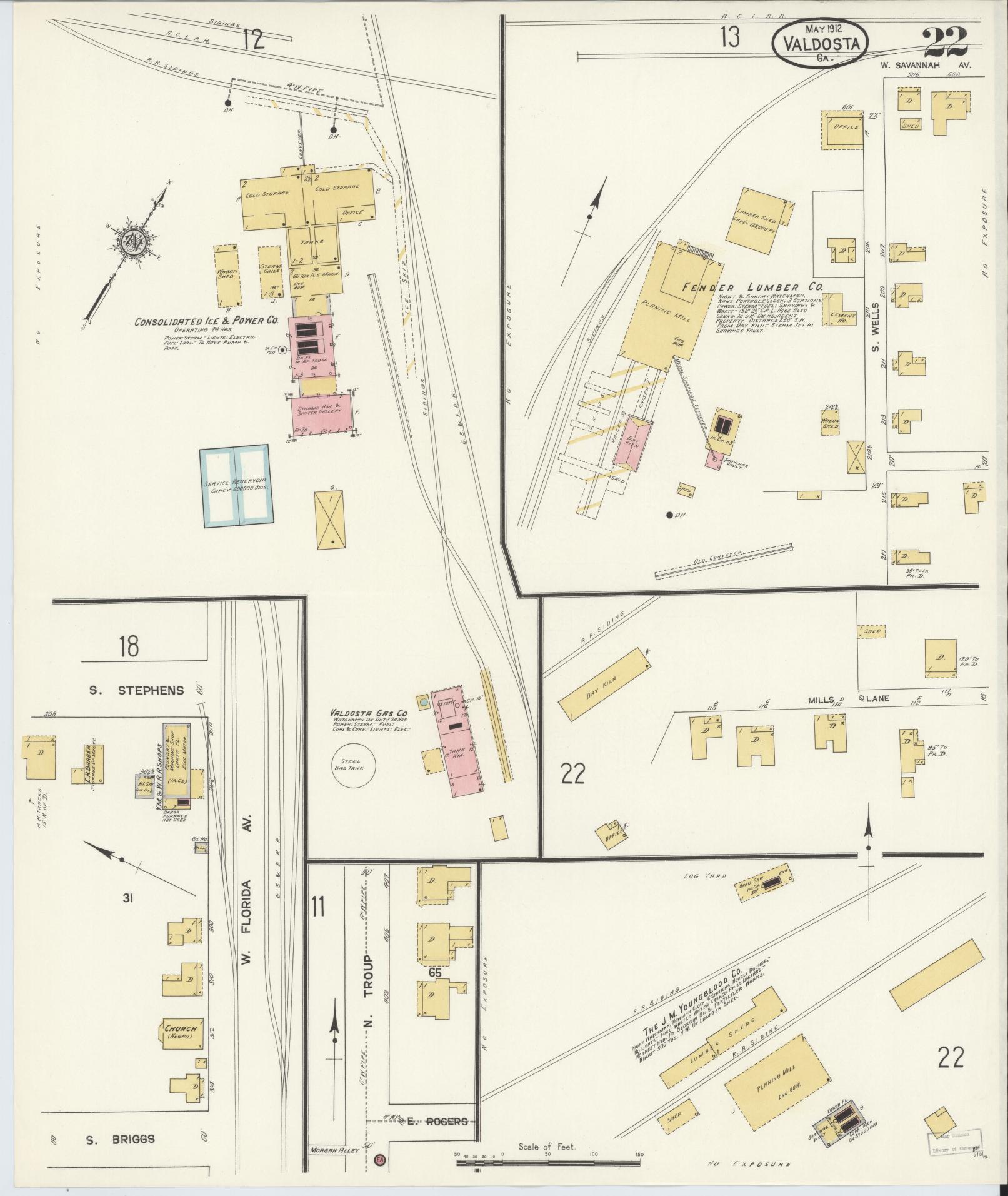 Sanborn Fire Insurance Map from Valdosta, Lowndes County, Georgia (1912), Sheet #0022 - Historic Sanborn Fire Insurance Map Print, vintage old map wall art, antique decor, genealogy gift, Georgia Georgia map