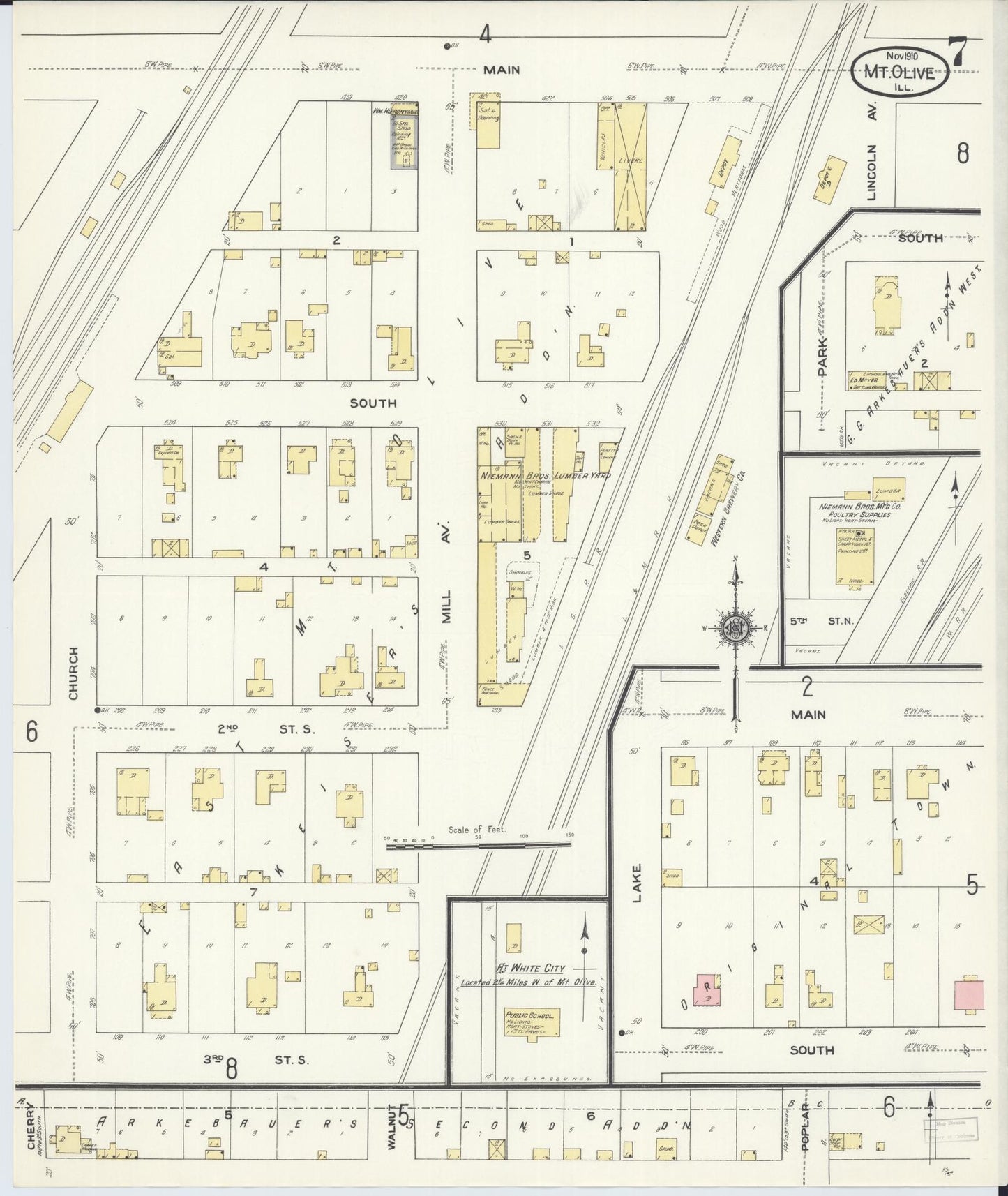Sanborn Fire Insurance Map from Mount Olive, Macoupin County, Illinois (1910), Sheet #0007 - Complete Map Set gallery image, historic Sanborn map, vintage wall art, Illinois Illinois
