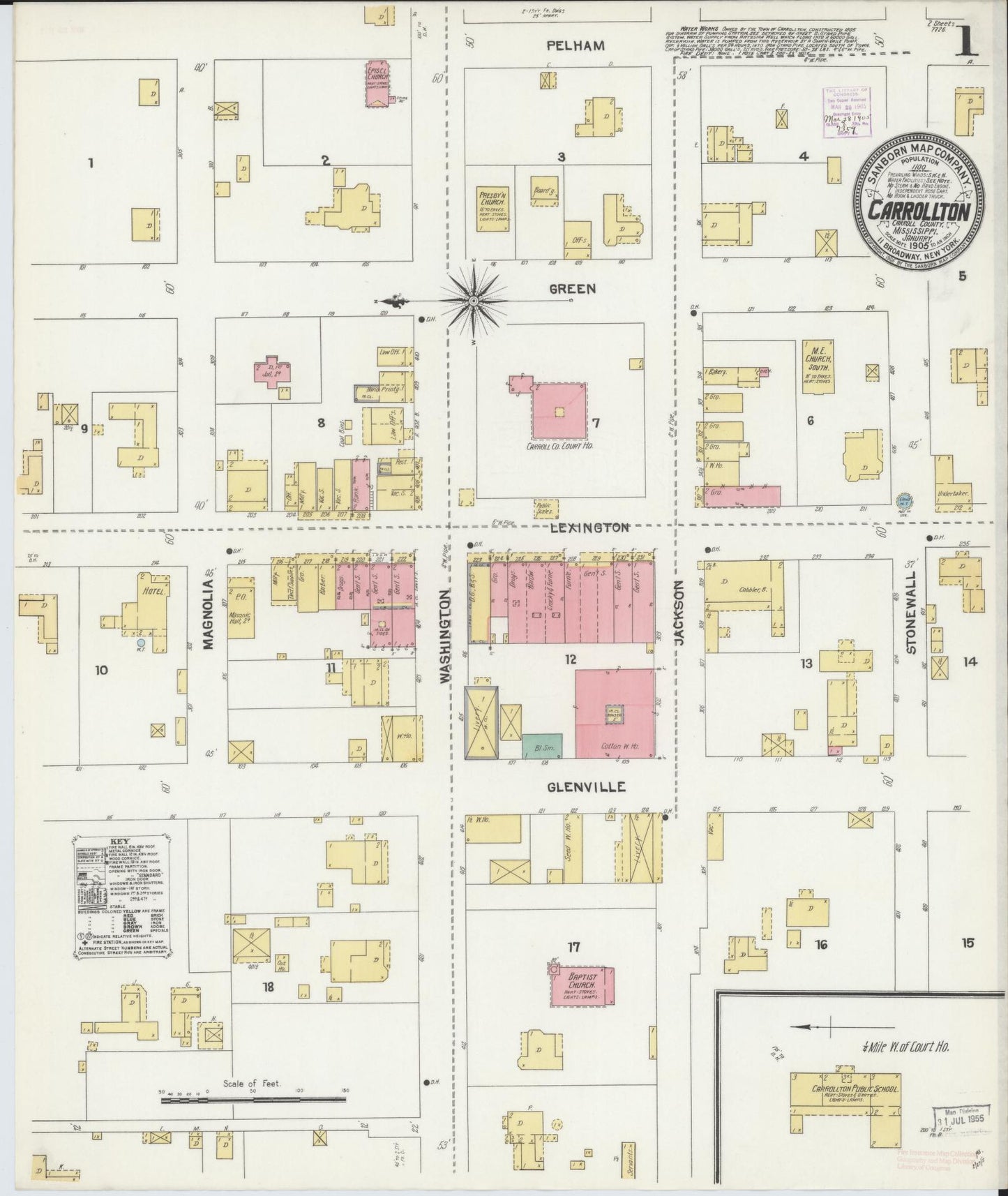 Sanborn Fire Insurance Map from Carrollton, Carroll County, Mississippi (1905), Sheet #0001 - Historic Sanborn Fire Insurance Map Print, vintage old map wall art, antique decor, genealogy gift, Mississippi Mississippi map