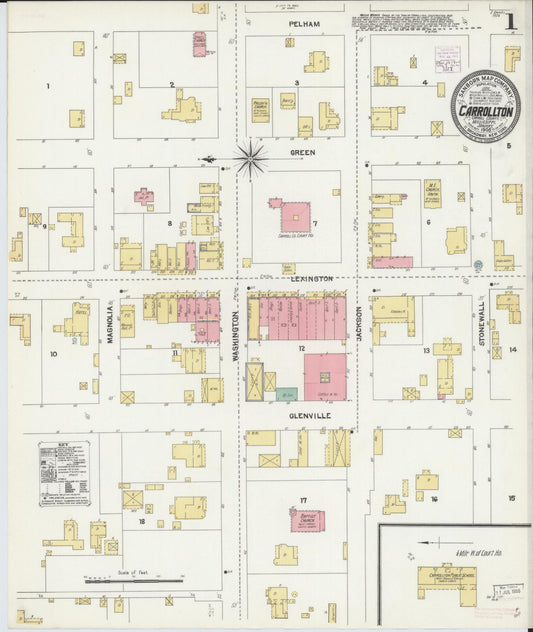 Sanborn Fire Insurance Map from Carrollton, Carroll County, Mississippi (1905), Sheet #0001 - Historic Sanborn Fire Insurance Map Print, vintage old map wall art, antique decor, genealogy gift, Mississippi Mississippi map