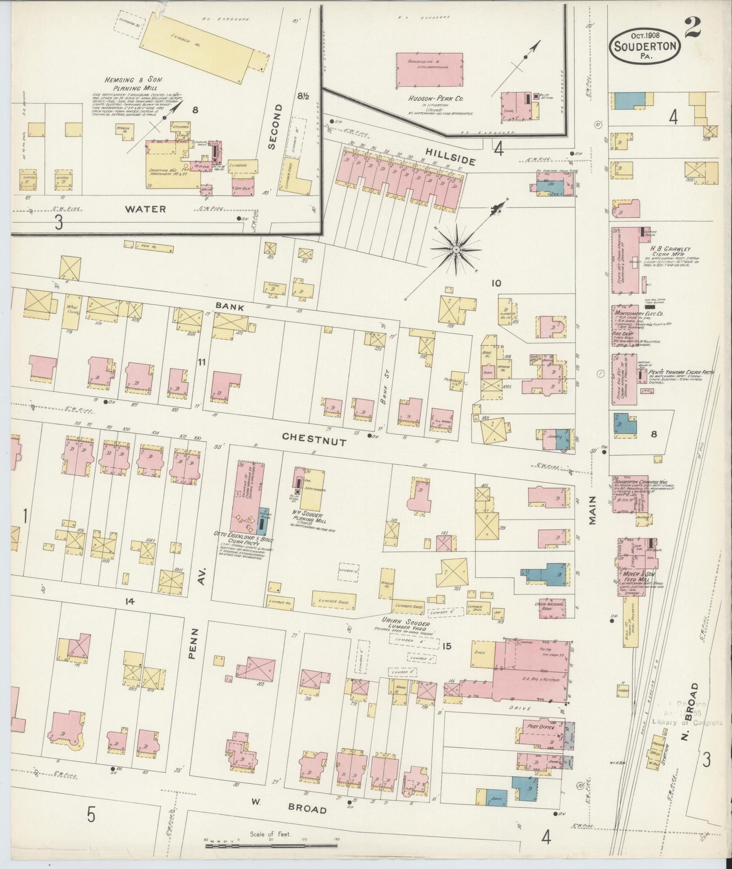 Sanborn Fire Insurance Map from Souderton, Montgomery County, Pennsylvania (1908), Sheet #0002 - Historic Sanborn Fire Insurance Map Print, vintage old map wall art, antique decor, genealogy gift, Pennsylvania Pennsylvania map