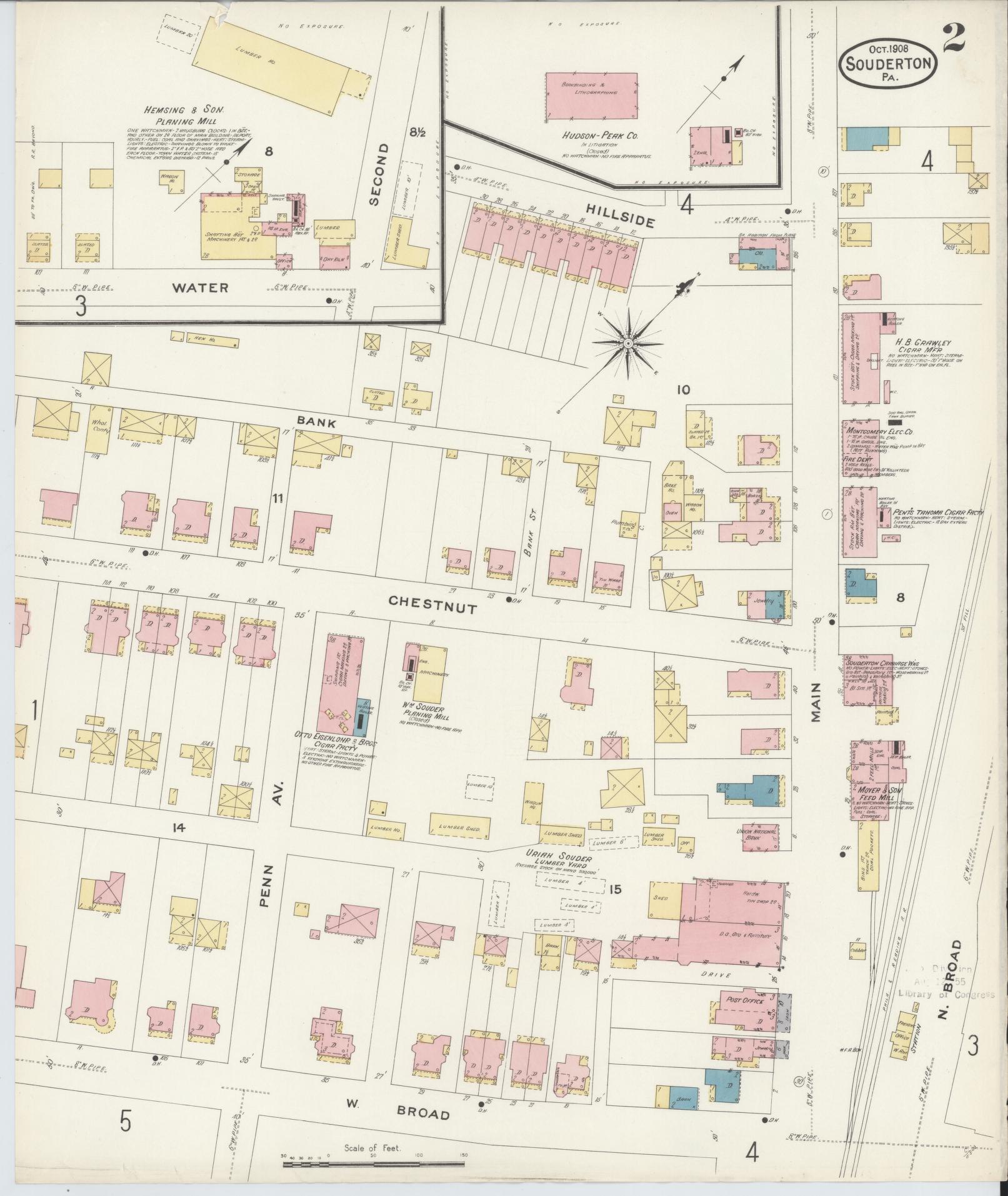 Sanborn Fire Insurance Map from Souderton, Montgomery County, Pennsylvania (1908), Sheet #0002 - Historic Sanborn Fire Insurance Map Print, vintage old map wall art, antique decor, genealogy gift, Pennsylvania Pennsylvania map