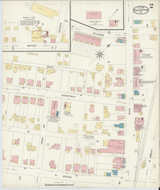 Sanborn Fire Insurance Map from Souderton, Montgomery County, Pennsylvania (1908), Sheet #0002 - Historic Sanborn Fire Insurance Map Print, vintage old map wall art, antique decor, genealogy gift, Pennsylvania Pennsylvania map