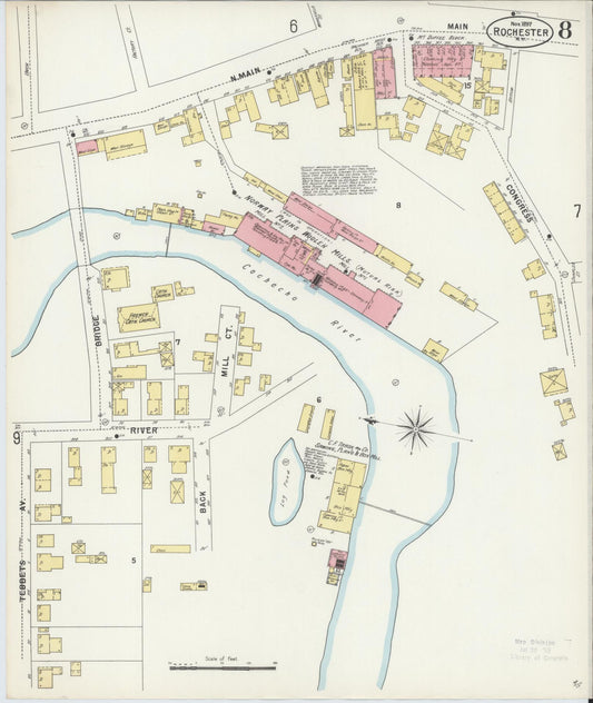 Sanborn Fire Insurance Map from Rochester, Strafford County, New Hampshire (1897), Sheet #0008 - Historic Sanborn Fire Insurance Map Print, vintage old map wall art, antique decor, genealogy gift, New Hampshire New Hampshire map