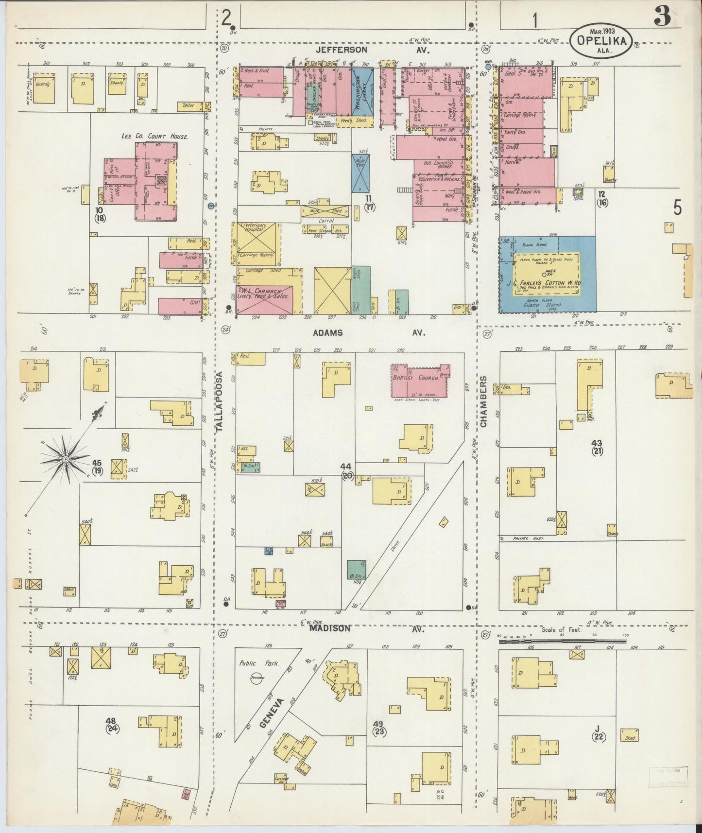 Sanborn Fire Insurance Map from Opelika, Lee County, Alabama (1903), Sheet #0003 - Historic Sanborn Fire Insurance Map Print, vintage old map wall art, antique decor, genealogy gift, Alabama Alabama map