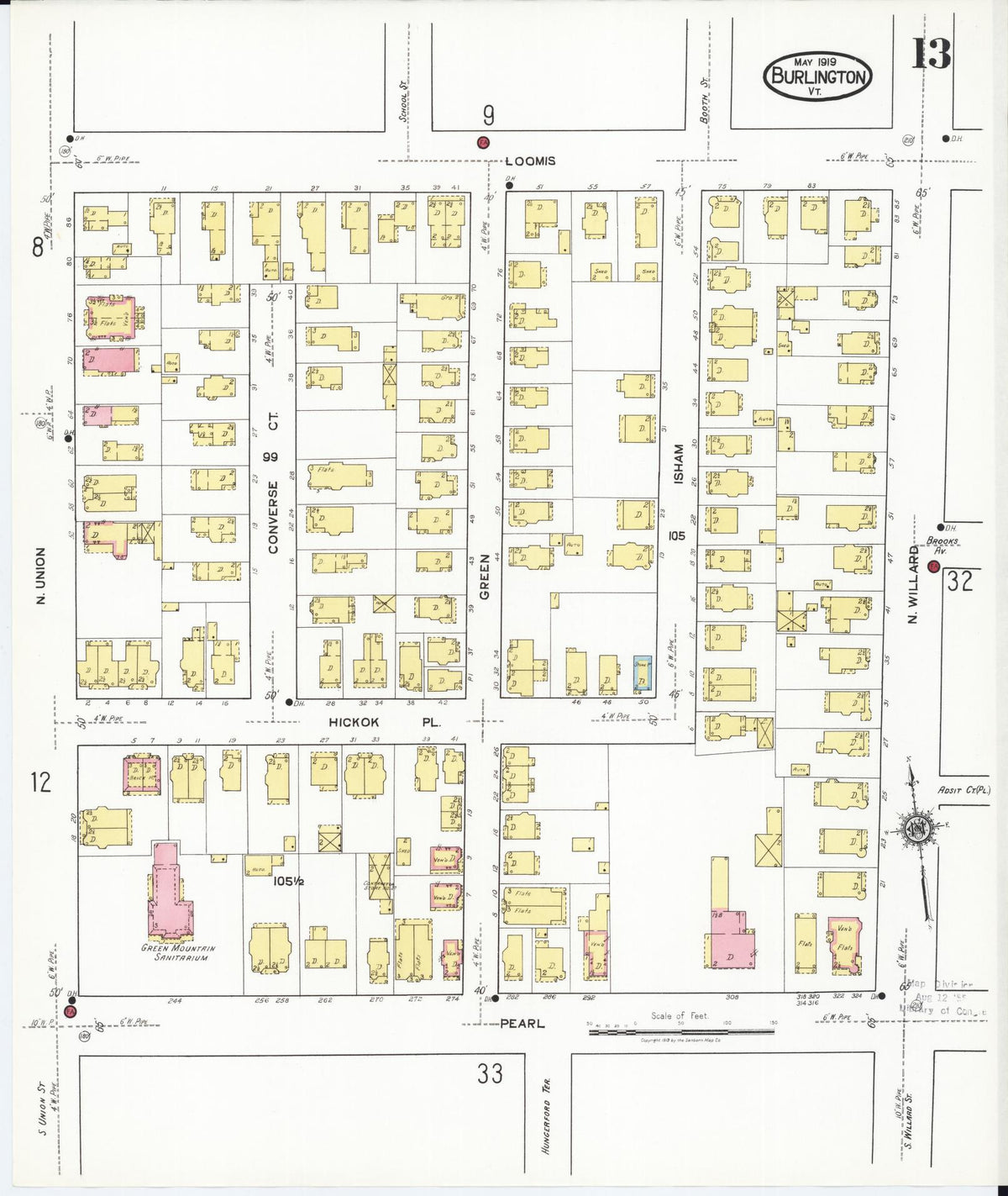 Sanborn Fire Insurance Map from Burlington, Chittenden County, Vermont (1919), Sheet #0013 - Historic Sanborn Fire Insurance Map Print, vintage old map wall art, antique decor, genealogy gift, Vermont Vermont map