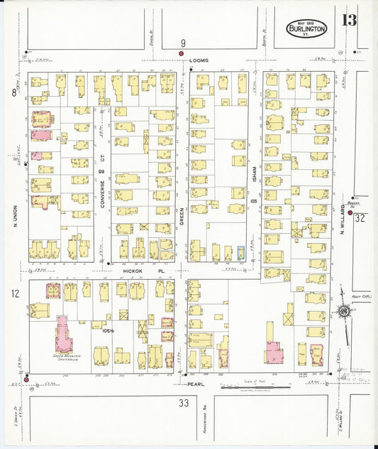 Sanborn Fire Insurance Map from Burlington, Chittenden County, Vermont (1919), Sheet #0013 - Historic Sanborn Fire Insurance Map Print, vintage old map wall art, antique decor, genealogy gift, Vermont Vermont map