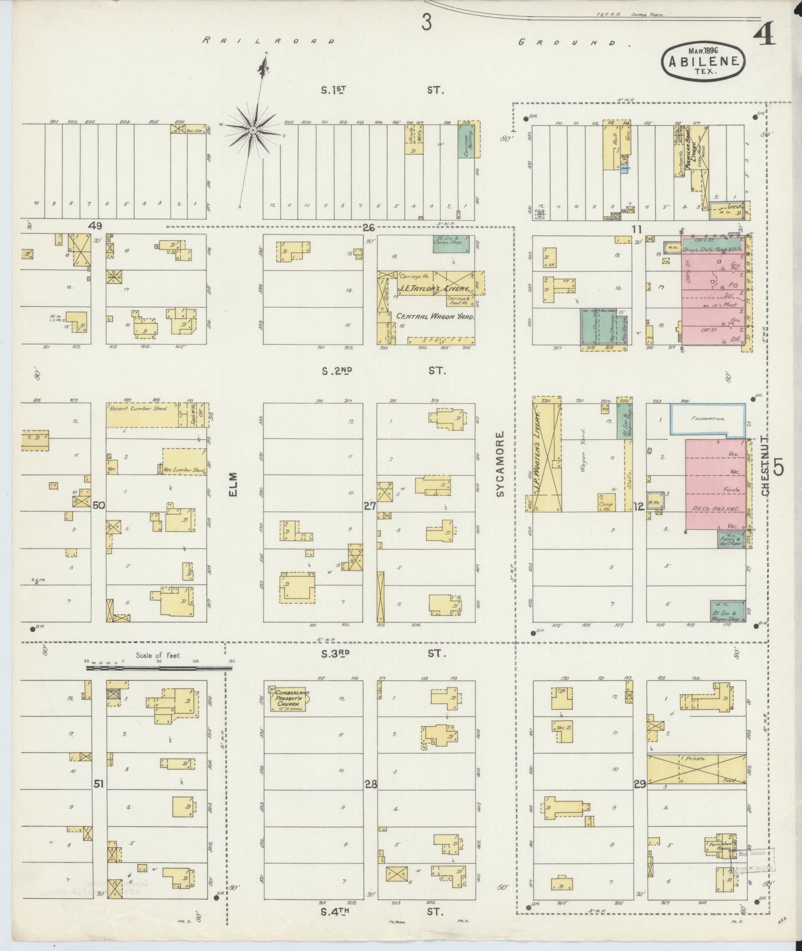 Sanborn Fire Insurance Map from Abilene, Taylor County, Texas (1896), Sheet #0004 - Historic Sanborn Fire Insurance Map Print, vintage old map wall art, antique decor, genealogy gift, Texas Texas map