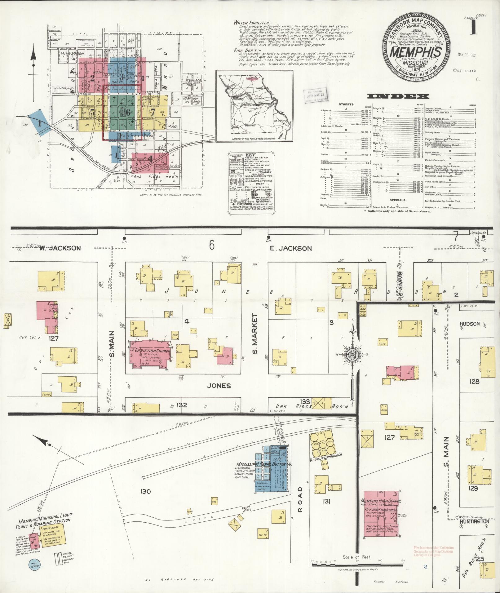 Sanborn Fire Insurance Map from Memphis, Scotland County, Missouri (1921), Sheet #0001 - Historic Sanborn Fire Insurance Map Print, vintage old map wall art, antique decor, genealogy gift, Missouri Missouri map