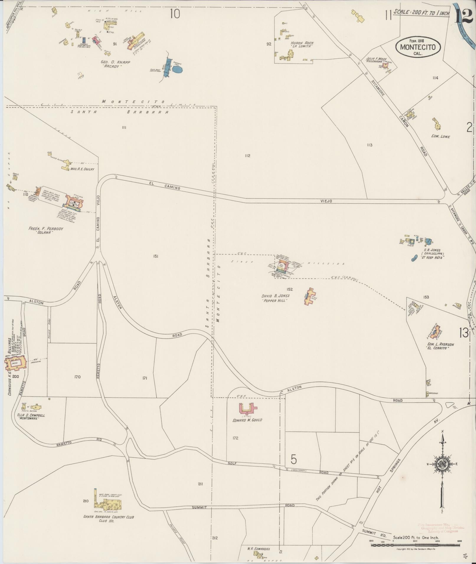 Sanborn Fire Insurance Map from Montecito, Santa Barbara County, California (1918), Sheet #0012 - Historic Sanborn Fire Insurance Map Print, vintage old map wall art, antique decor, genealogy gift, California California map