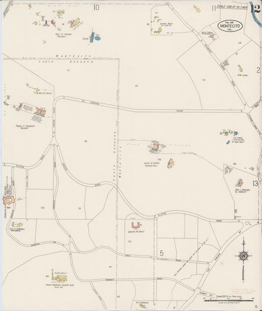 Sanborn Fire Insurance Map from Montecito, Santa Barbara County, California (1918), Sheet #0012 - Historic Sanborn Fire Insurance Map Print, vintage old map wall art, antique decor, genealogy gift, California California map