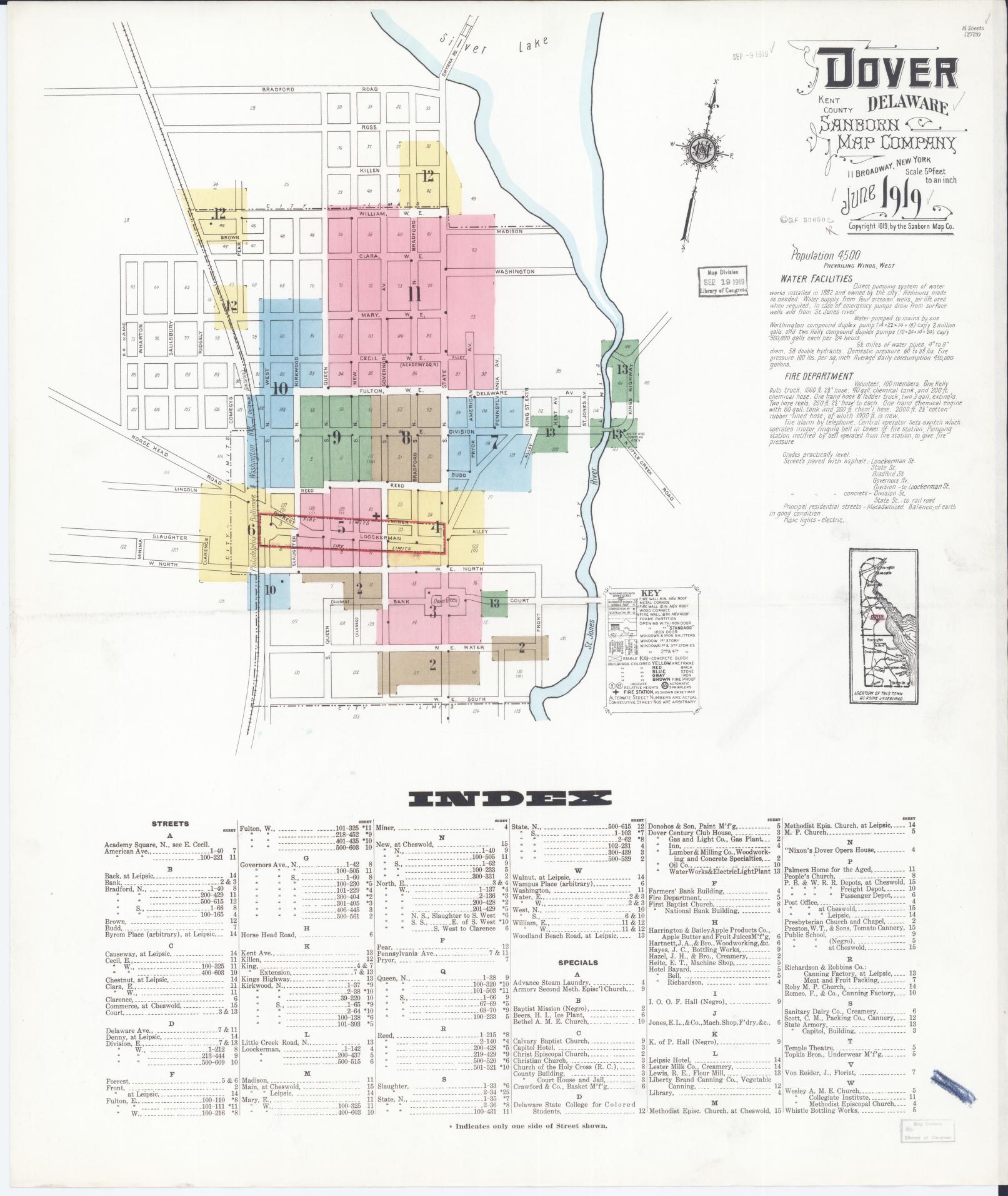 Sanborn Fire Insurance Map from Dover, Kent County, Delaware (1919), Sheet #0001 - Historic Sanborn Fire Insurance Map Print, vintage old map wall art, antique decor, genealogy gift, Delaware Delaware map