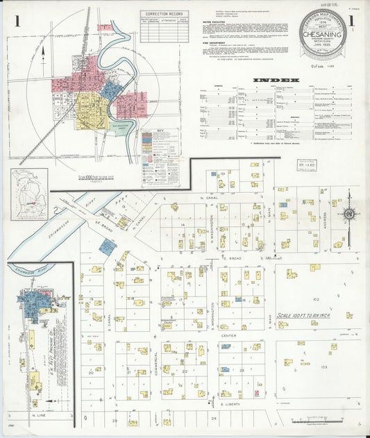 Sanborn Fire Insurance Map from Chesaning, Saginaw County, Michigan (1935), Sheet #0001 - Historic Sanborn Fire Insurance Map Print, vintage old map wall art, antique decor, genealogy gift, Michigan Michigan map
