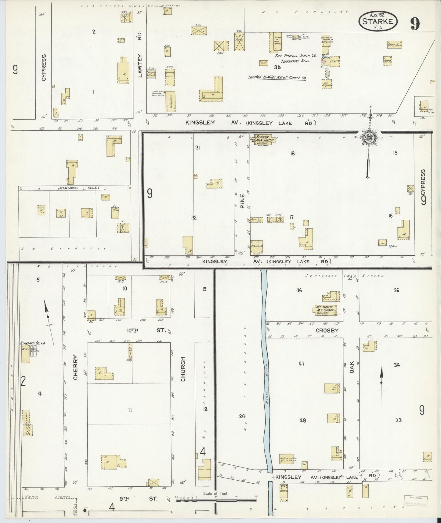 Sanborn Fire Insurance Map from Starke, Bradford County, Florida (1912), Sheet #0009 - Historic Sanborn Fire Insurance Map Print, vintage old map wall art, antique decor, genealogy gift, Florida Florida map