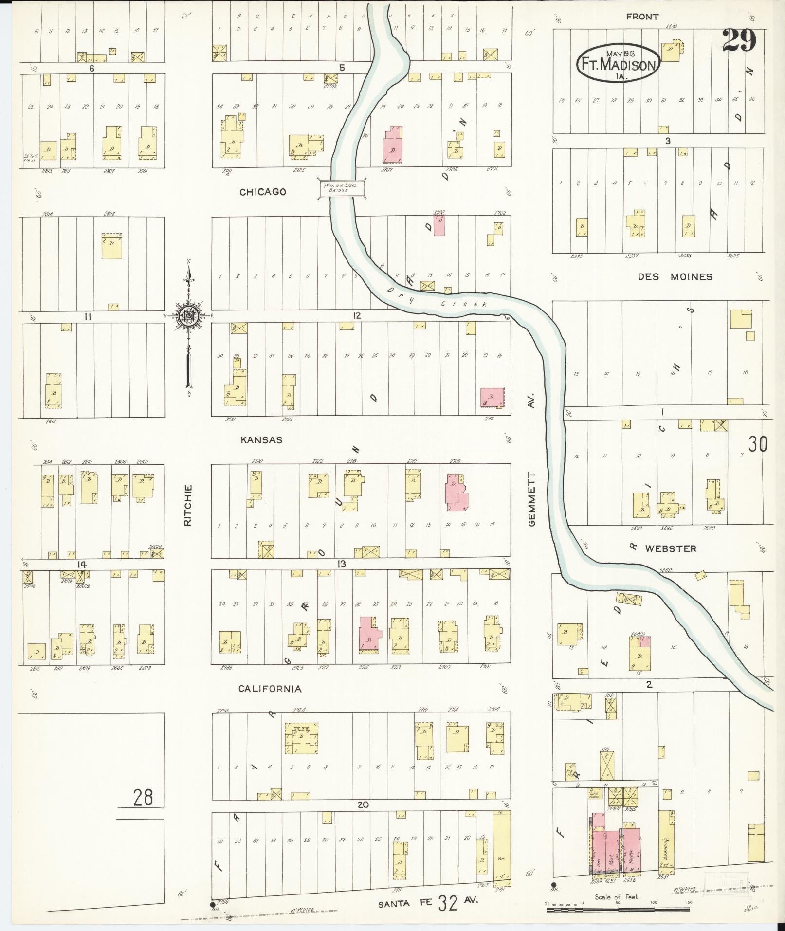 Sanborn Fire Insurance Map from Fort Madison, Lee County, Iowa (1913), Sheet #0029 - Historic Sanborn Fire Insurance Map Print, vintage old map wall art