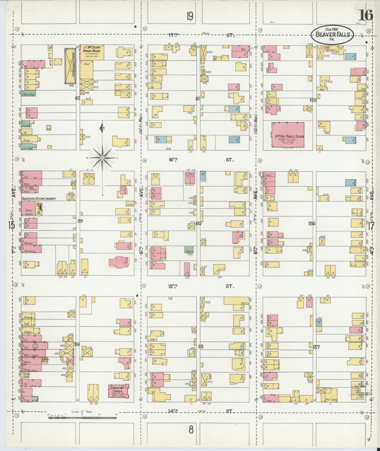 Sanborn Fire Insurance Map from Beaver Falls, Beaver County, Pennsylvania (1901), Sheet #0016 - Historic Sanborn Fire Insurance Map Print, vintage old map wall art, antique decor, genealogy gift, Pennsylvania Pennsylvania map