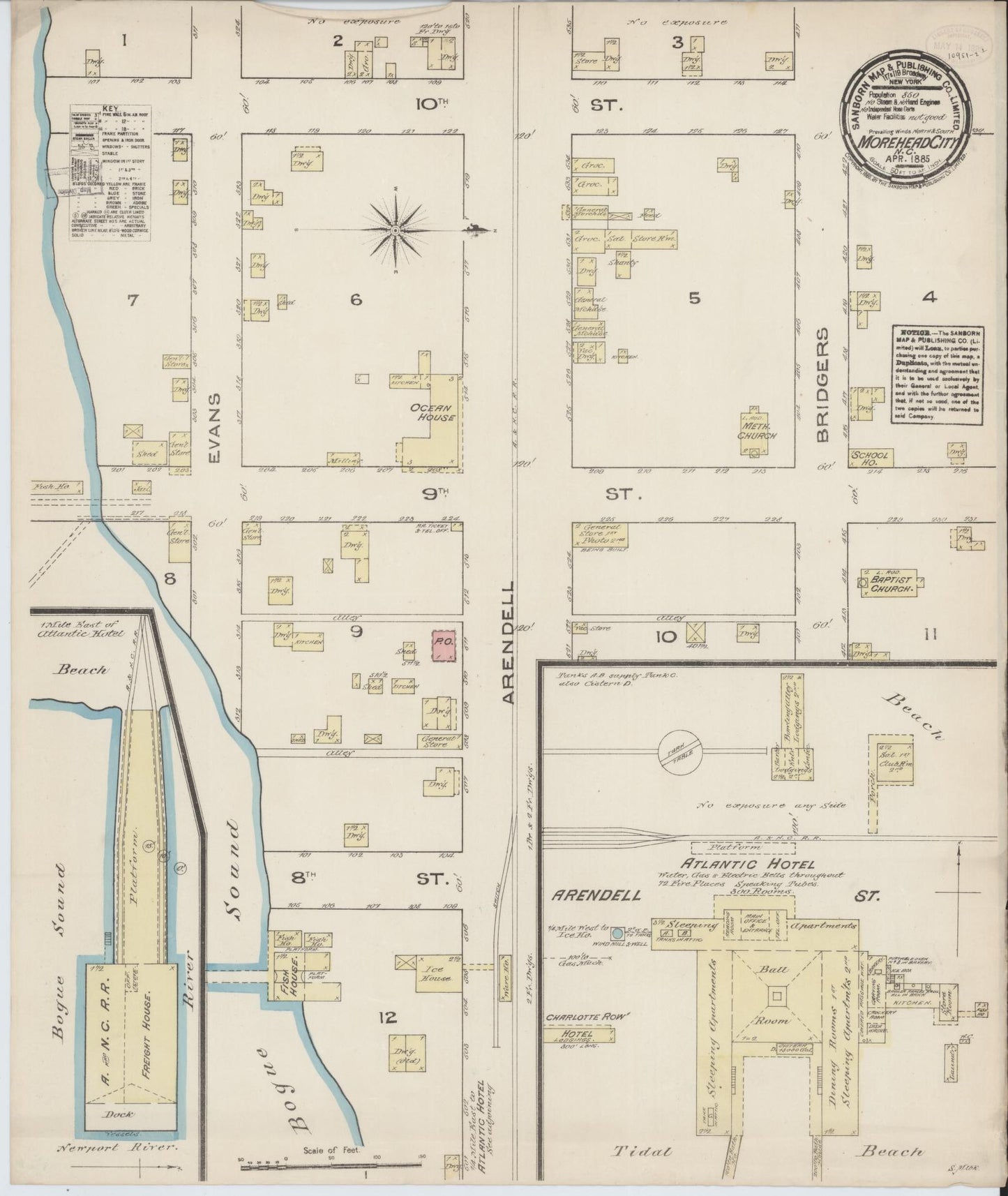 Sanborn Fire Insurance Map from Morehead City, Carteret County, North Carolina (1885), Sheet #0001 - Historic Sanborn Fire Insurance Map Print, vintage old map wall art, antique decor, genealogy gift, North Carolina North Carolina map