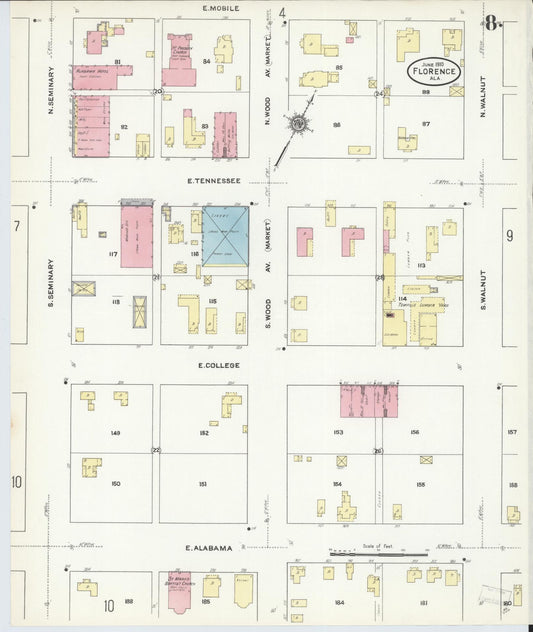 Sanborn Fire Insurance Map from Florence, Lauderdale County, Alabama (1910), Sheet #0008 - Historic Sanborn Fire Insurance Map Print, vintage old map wall art, antique decor, genealogy gift, Alabama Alabama map