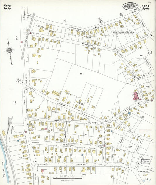 Sanborn Fire Insurance Map from Wakefield, Middlesex County, Massachusetts (1923), Sheet #0022 - Historic Sanborn Fire Insurance Map Print, vintage old map wall art, antique decor, genealogy gift, Massachusetts Massachusetts map