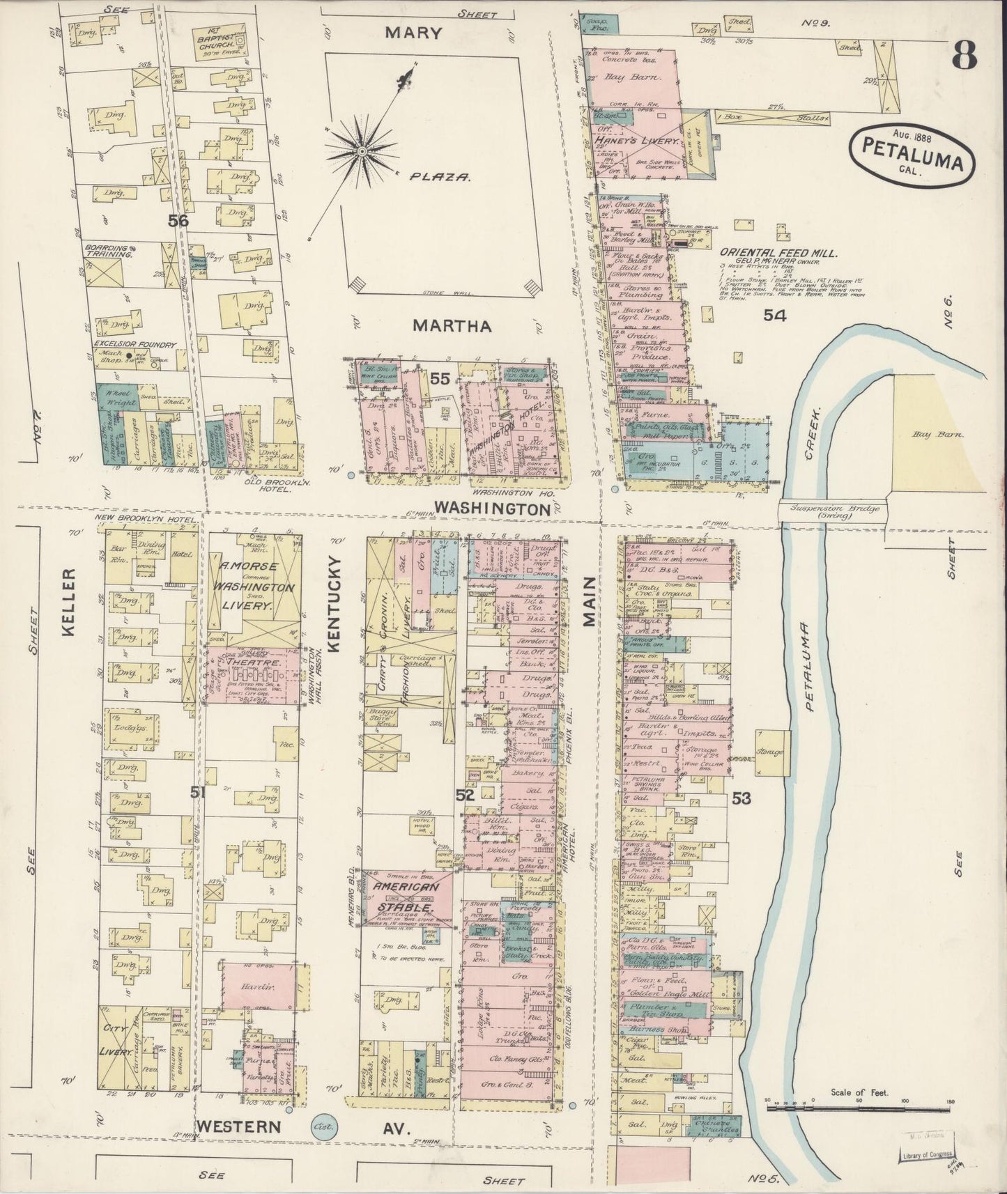 Sanborn Fire Insurance Map from Petaluma, Sonoma County, California (1888), Sheet #0008 - Complete Map Set gallery image, historic Sanborn map, vintage wall art, California California