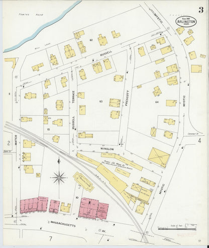 Sanborn Fire Insurance Map from Arlington, Middlesex County, Massachusetts (1908), Sheet #0003 - Historic Sanborn Fire Insurance Map Print, vintage old map wall art, antique decor, genealogy gift, Massachusetts Massachusetts map