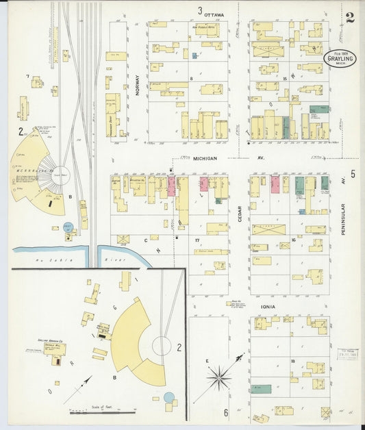 Sanborn Fire Insurance Map from Grayling, Crawford County, Michigan (1909), Sheet #0002 - Historic Sanborn Fire Insurance Map Print, vintage old map wall art, antique decor, genealogy gift, Michigan Michigan map
