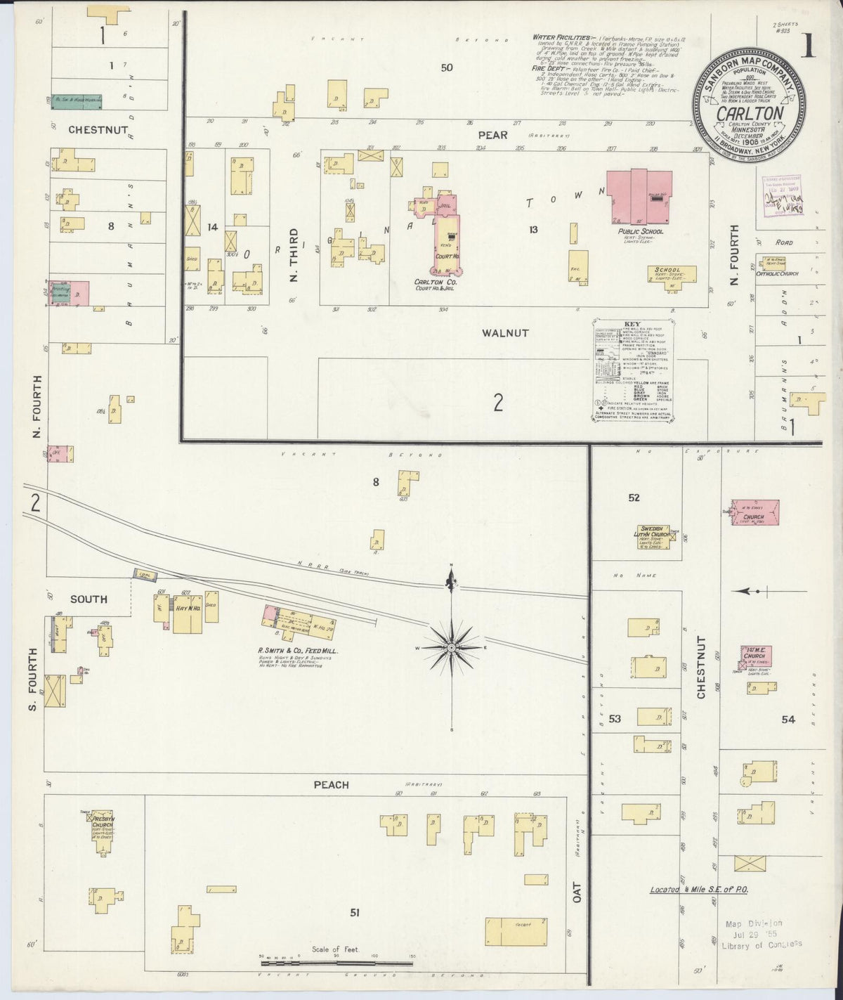 Sanborn Fire Insurance Map from Carlton, Carlton County, Minnesota (1908), Sheet #0001 - Historic Sanborn Fire Insurance Map Print, vintage old map wall art, antique decor, genealogy gift, Minnesota Minnesota map