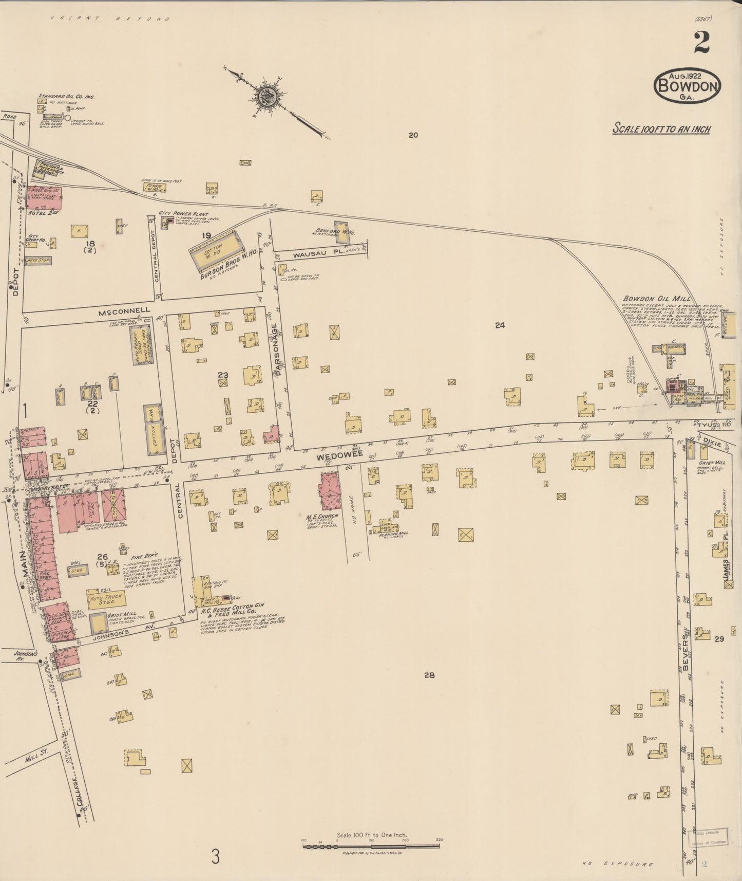 Sanborn Fire Insurance Map from Bowdon, Carroll County, Georgia (1922), Sheet #0002 - Complete Map Set gallery image, historic Sanborn map, vintage wall art, Georgia Georgia