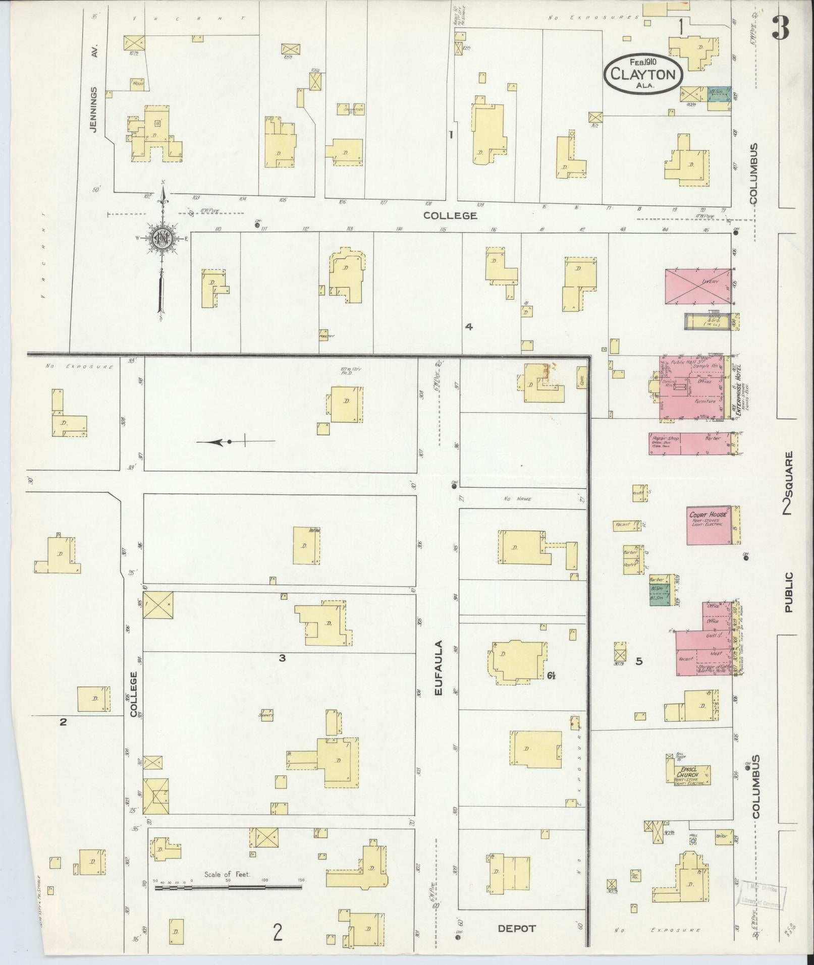 Sanborn Fire Insurance Map from Clayton, Barbour County, Alabama (1910), Sheet #0003 - Historic Sanborn Fire Insurance Map Print, vintage old map wall art, antique decor, genealogy gift, Alabama Alabama map