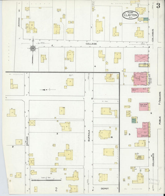 Sanborn Fire Insurance Map from Clayton, Barbour County, Alabama (1910), Sheet #0003 - Historic Sanborn Fire Insurance Map Print, vintage old map wall art, antique decor, genealogy gift, Alabama Alabama map